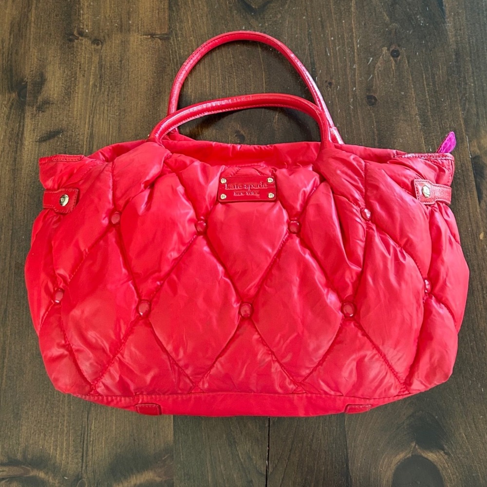 Kate Spade Quilted Puffer Tote Bag Large Red Diamond Stitch Nylon Streetwear - Picture 2 of 16